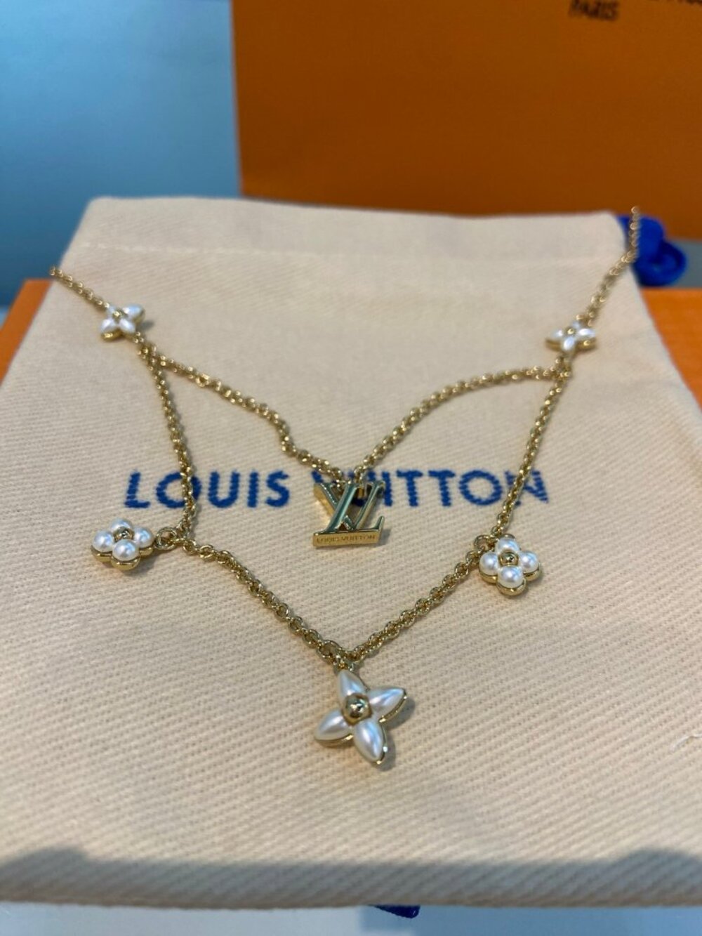 Louis Vuitton Gold-Tone Mother-of-Pearl Flower LV Necklace with Earrings